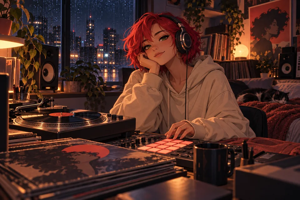 Emi creando ritmos lo-fi hip-hop en su estudio