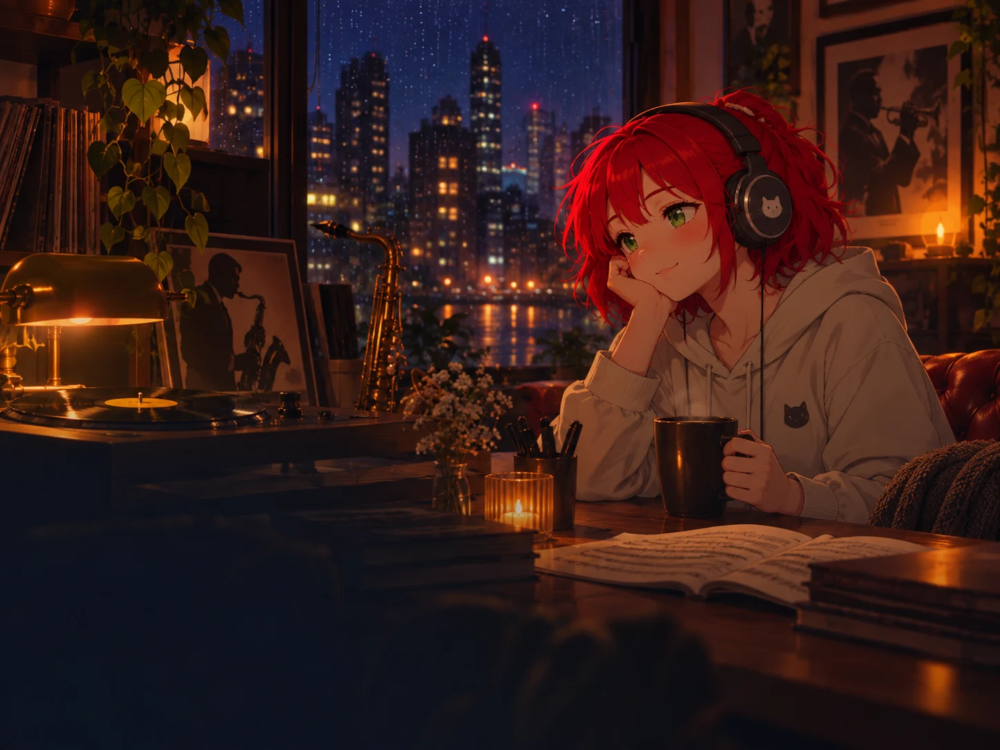 Emi disfrutando jazz lo-fi en una cafetería nocturna